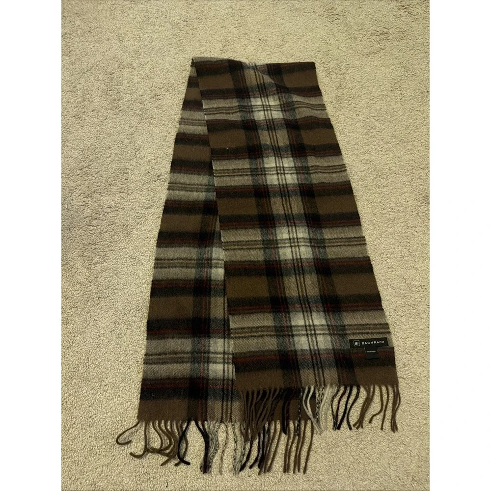 BACHRACH 100% WOOL Scarf  Designer Pattern Beige Cream Brown Soft Luxury